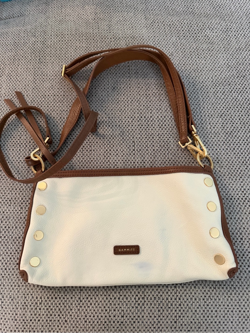 Hammitt Two-Tone White and Brown Leather Crossbody with Gold Studs